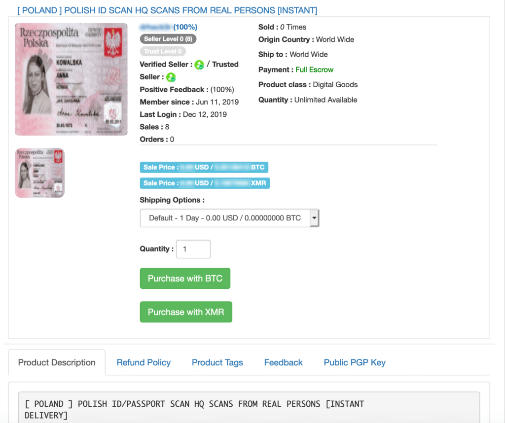 example of stolen identities sold online by criminals